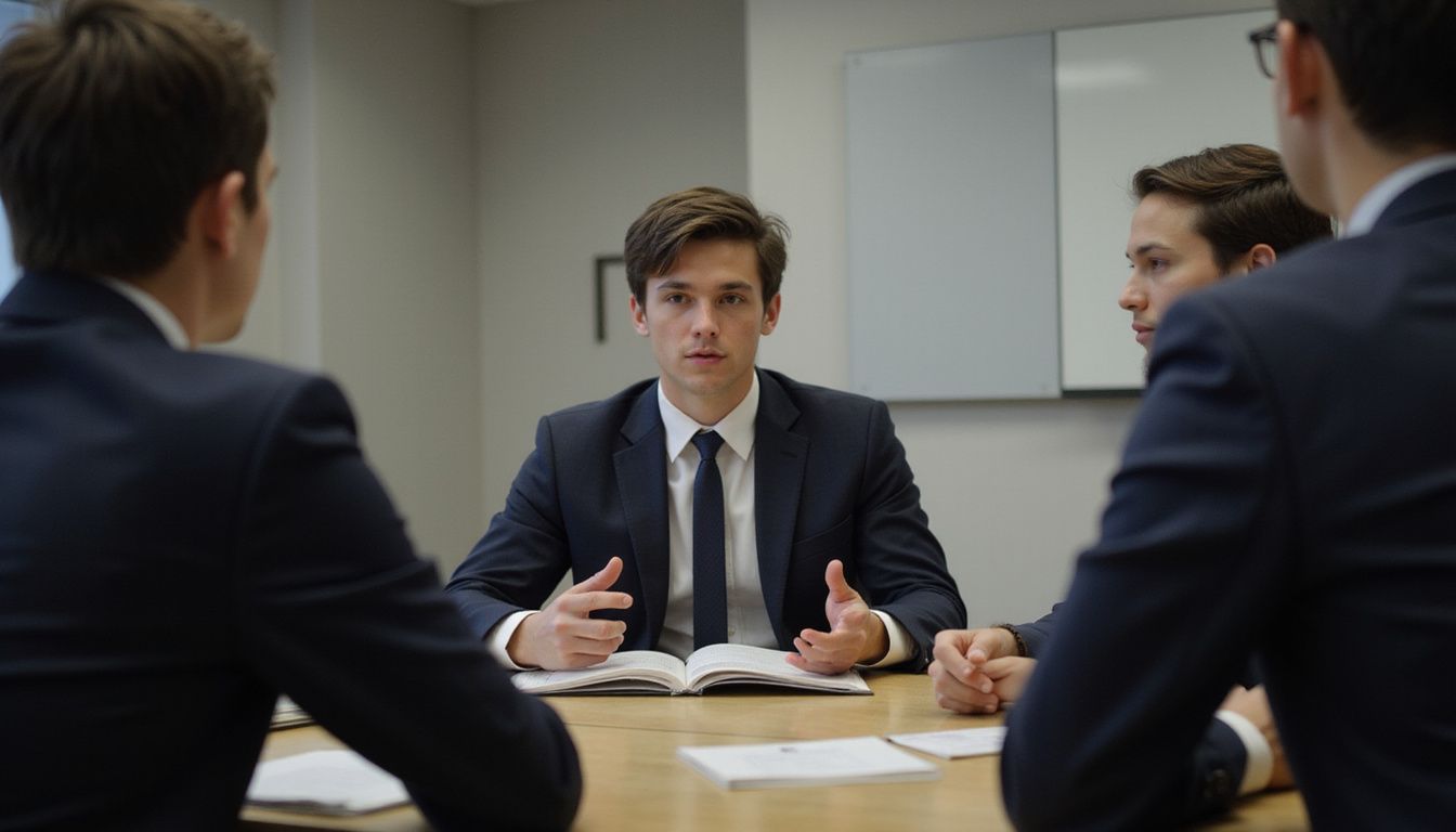A young professional leads a strategic meeting with coworkers in a casual boardroom setting.