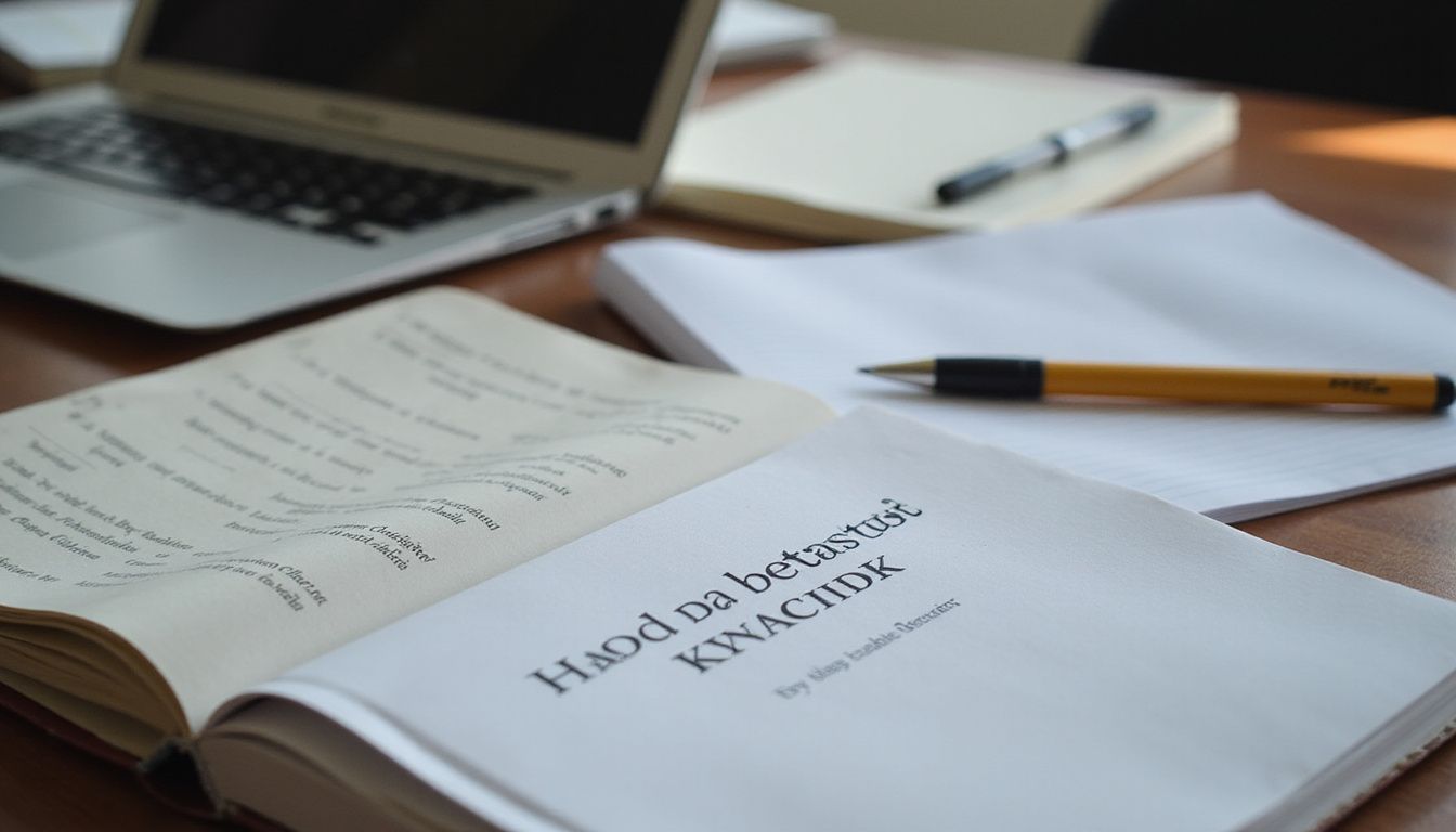 A cluttered desk with scattered notebooks, pens, and a laptop. A cluttered desk with scattered notebooks, pens, and a laptop.