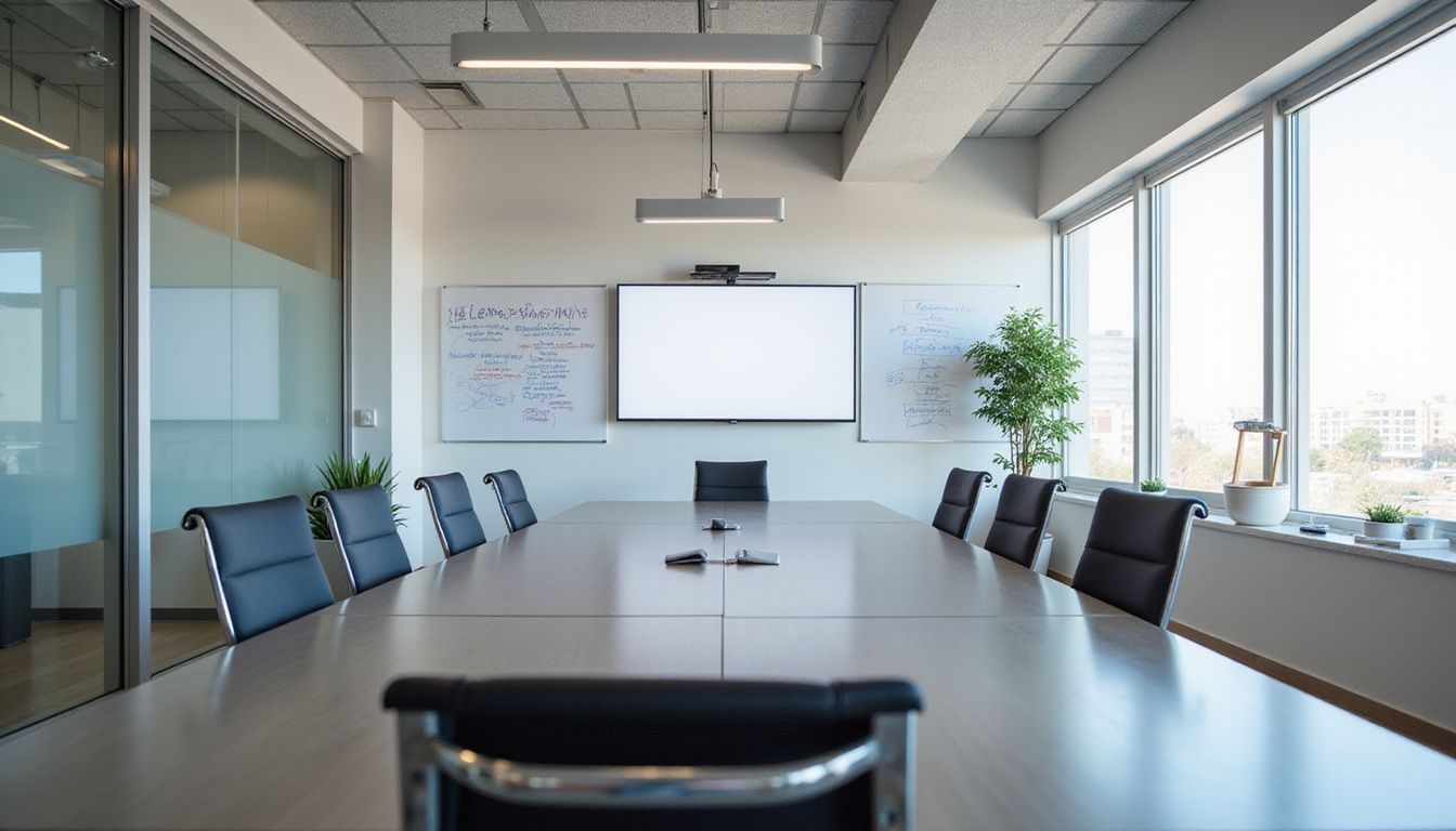 A modern boardroom with digital screen and whiteboard for leadership training.