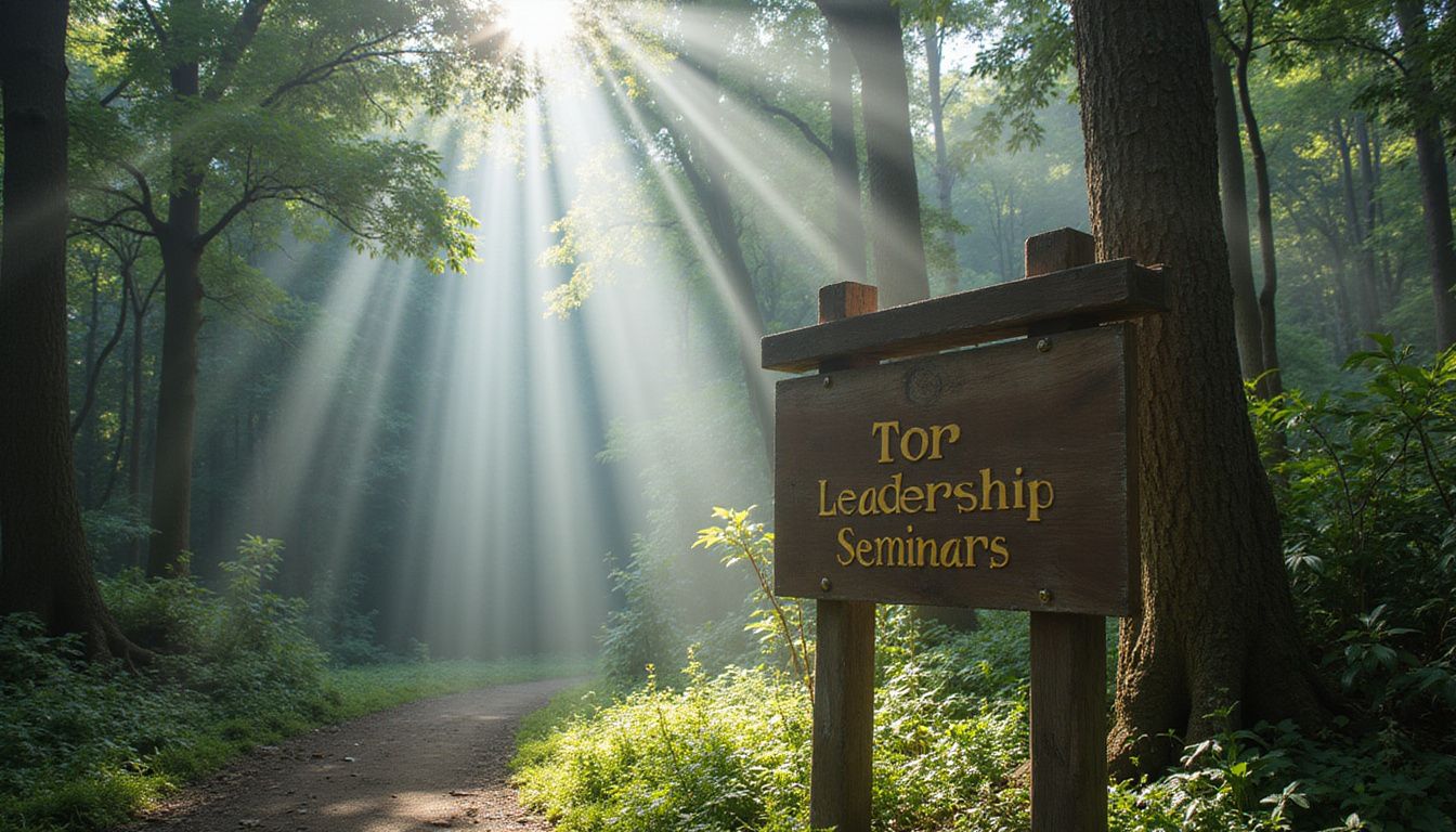 A wooden signpost for 'Top Leadership Seminars' in a Malaysian rainforest.