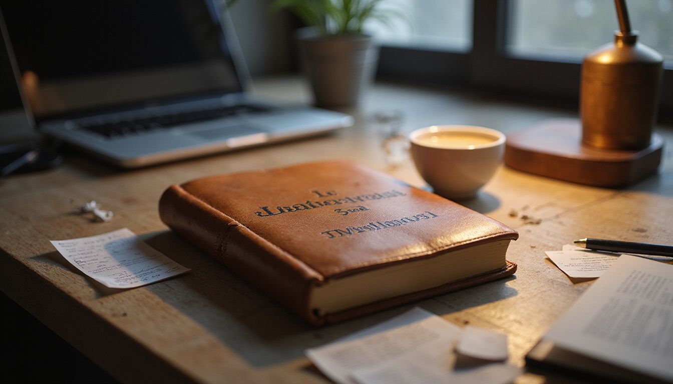 A well-used leadership training manual on a modern desk with coffee. A well-used leadership training manual on a modern desk with coffee.