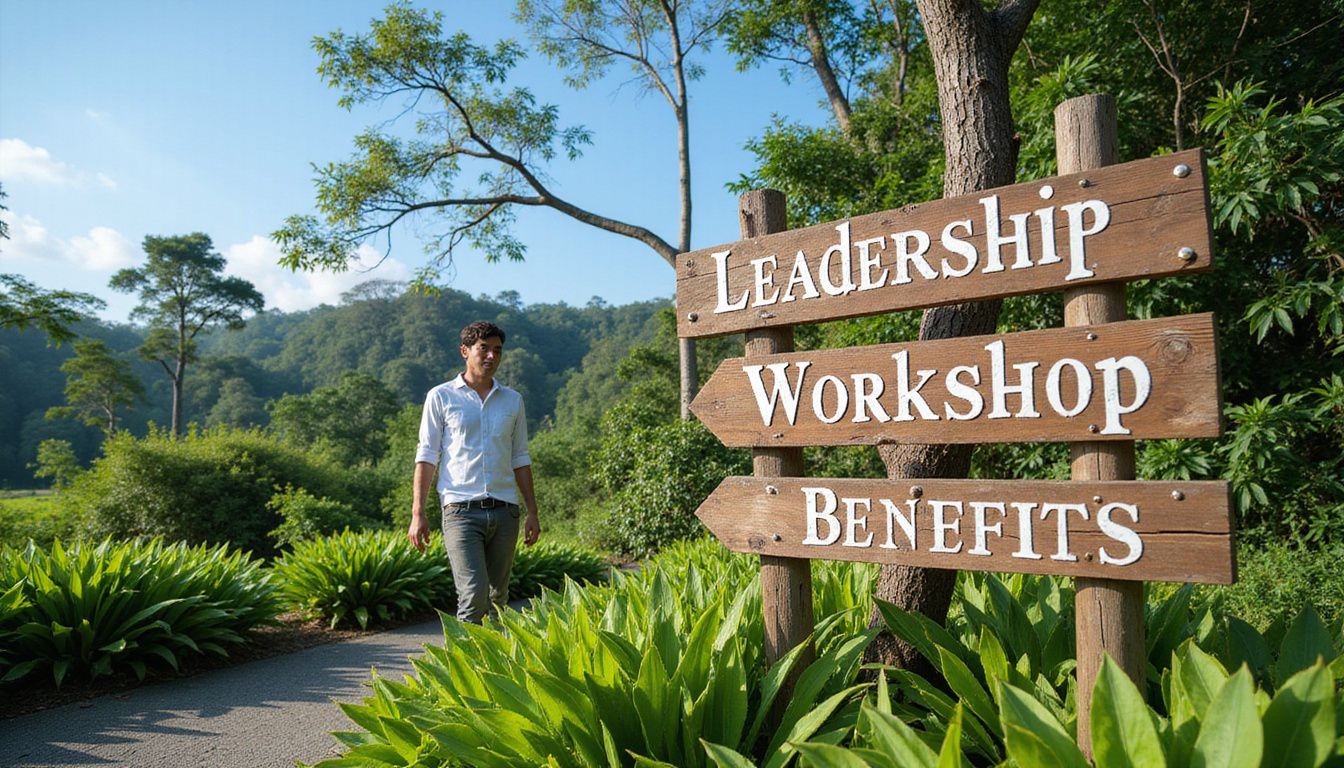A wooden signpost in a lush tropical landscape promotes a leadership workshop. A wooden signpost in a lush tropical landscape promotes a leadership workshop.