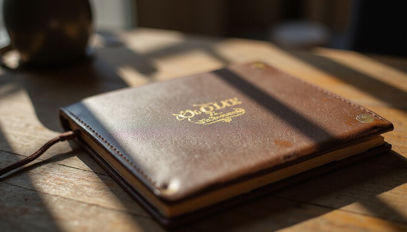A well-used leather notebook with gold embossed title on a wooden desk.