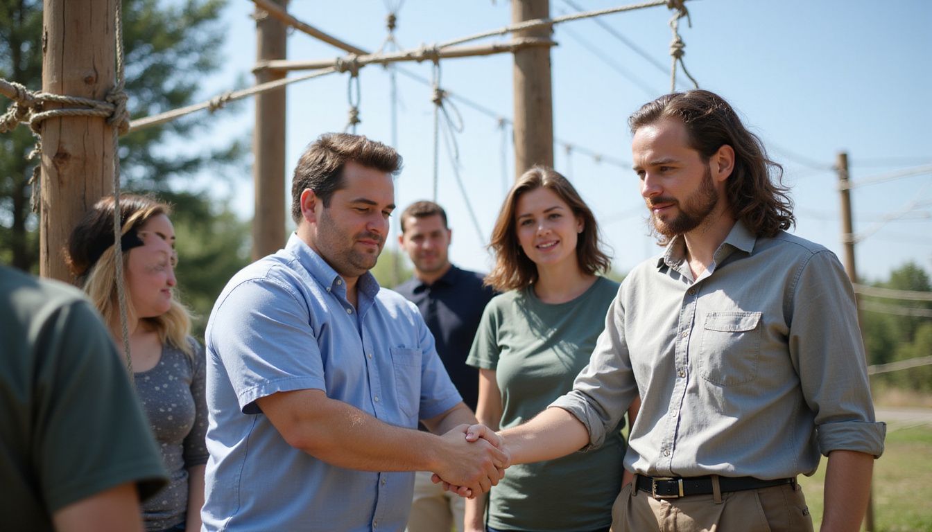 A group of professionals engage in team-building challenge course outdoors.