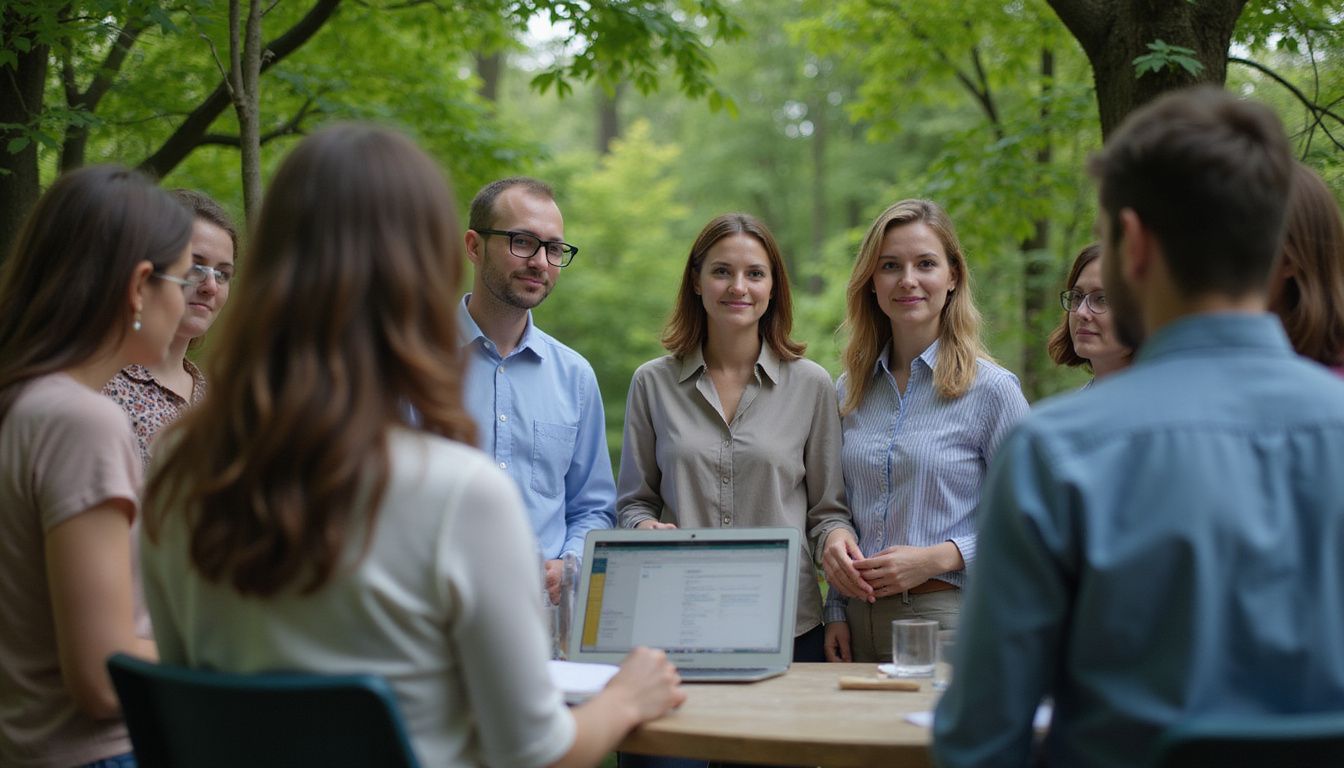 A group of professionals engage in leadership training activities outdoors.