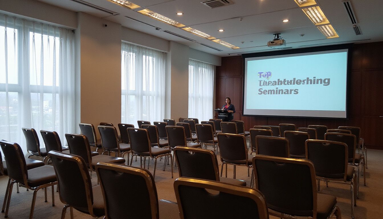 An empty conference room in Kuala Lumpur with a 'Top Leadership Seminars' projector screen.