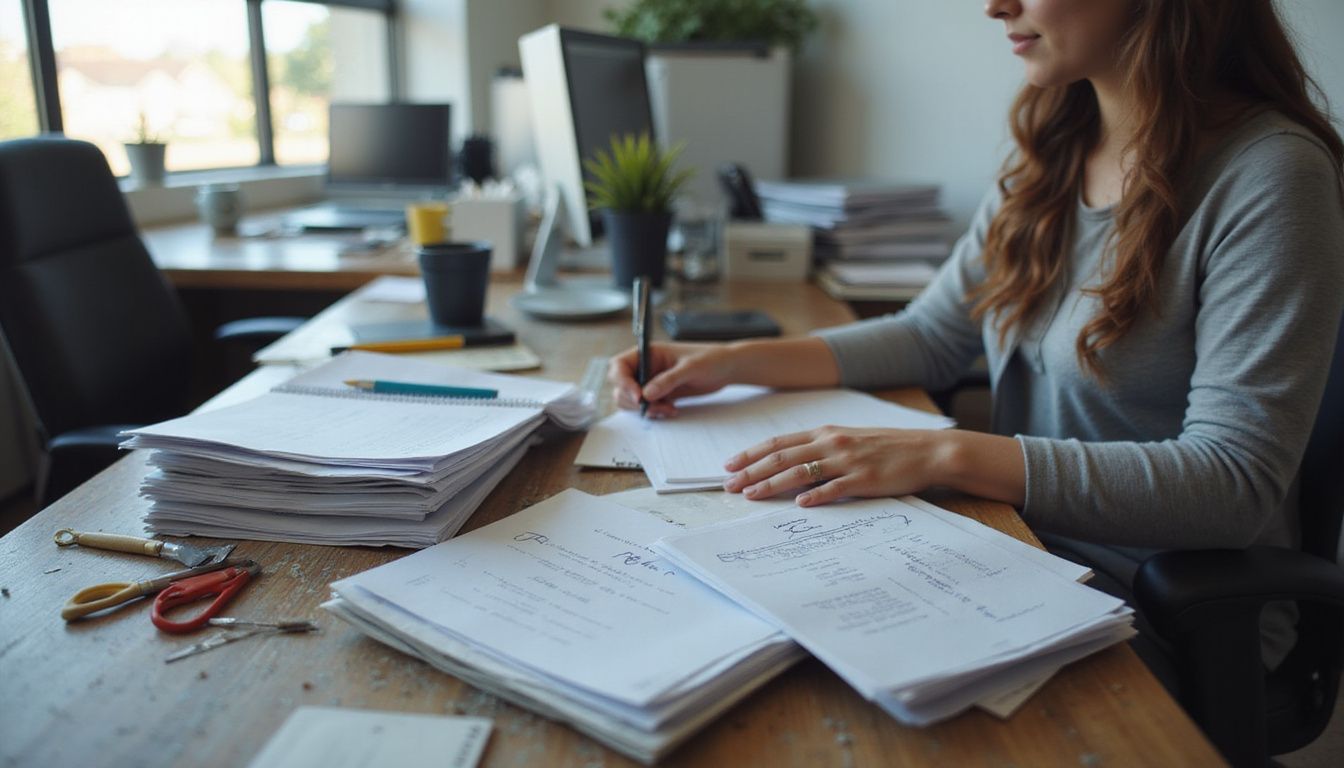 The cluttered desk in a modern office is filled with leadership workshop materials. The cluttered desk in a modern office is filled with leadership workshop materials.