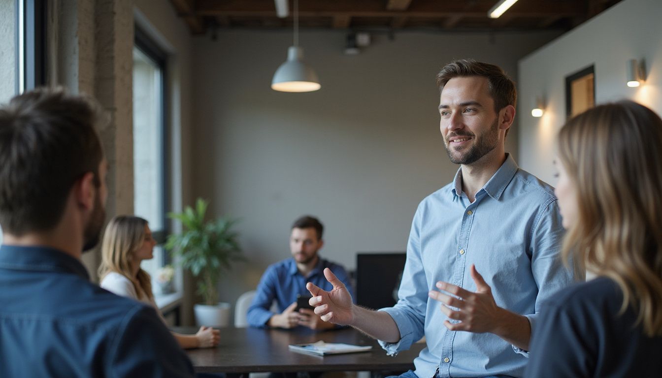 A mid-40s male conducts a team meeting in a modern office. A mid-40s male conducts a team meeting in a modern office.